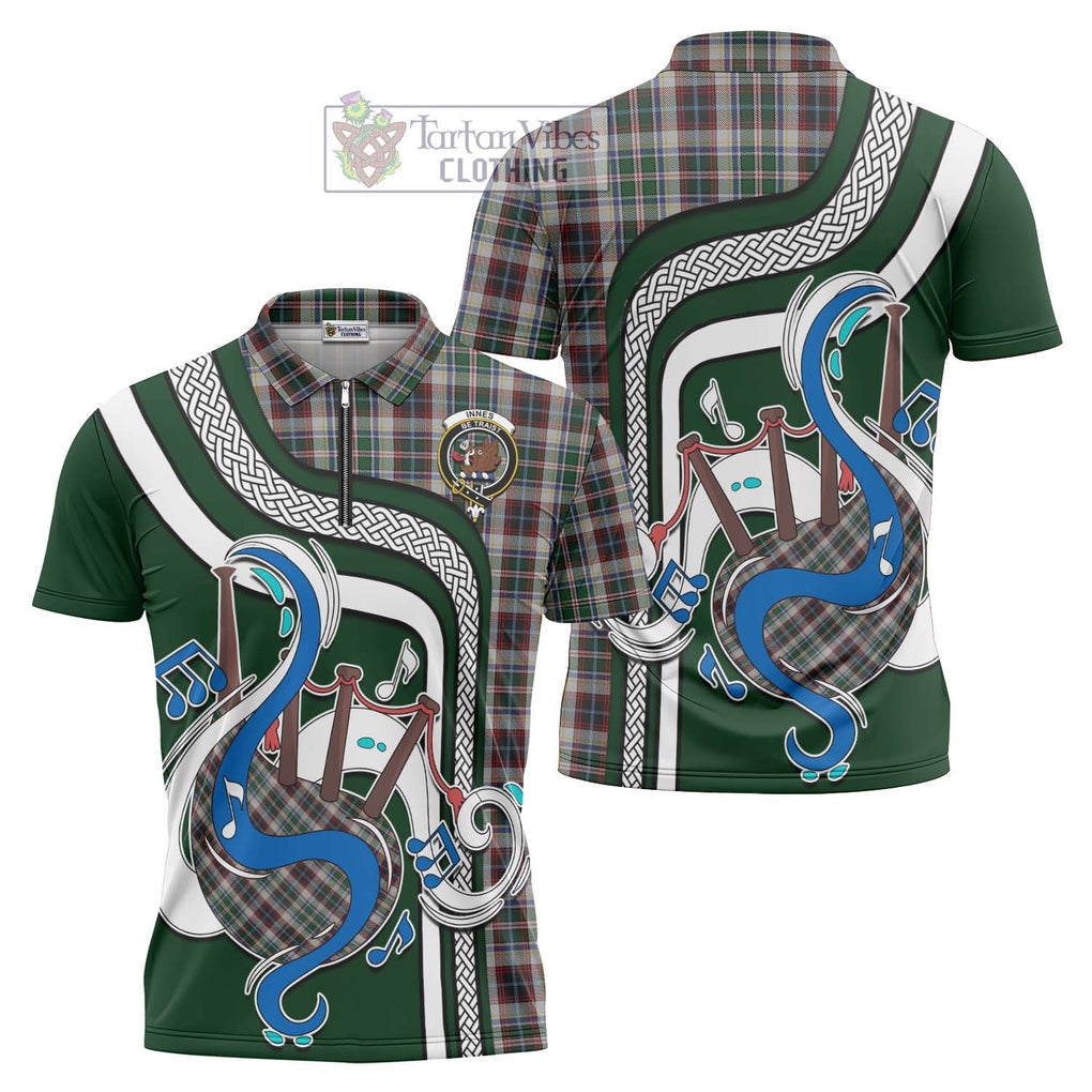 Innes Dress Tartan Zipper Polo Shirt with Epic Bagpipe Style Unisex - Tartanvibesclothing Shop