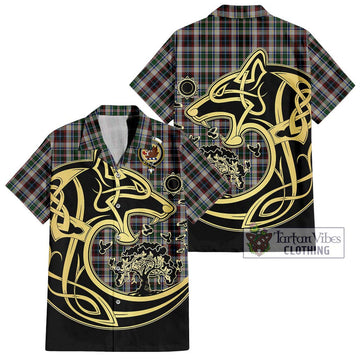 Innes Dress Tartan Short Sleeve Button Shirt with Family Crest Celtic Wolf Style