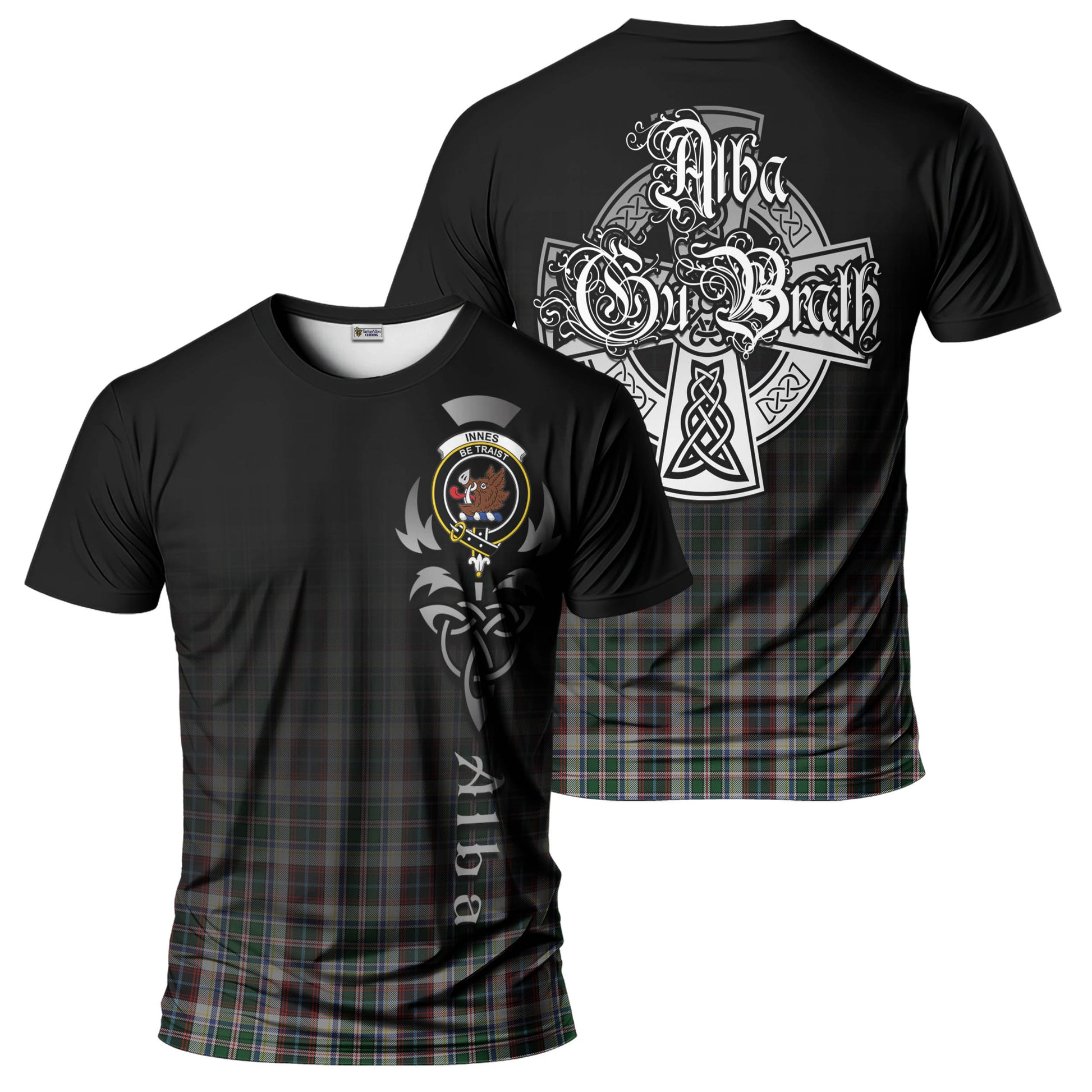 Tartan Vibes Clothing Innes Dress Tartan T-Shirt Featuring Alba Gu Brath Family Crest Celtic Inspired