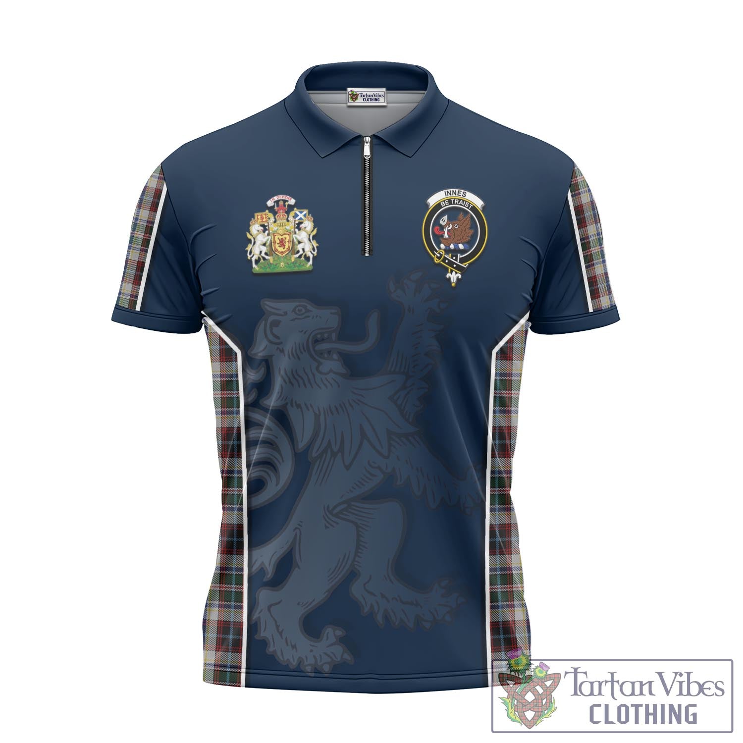 Tartan Vibes Clothing Innes Dress Tartan Zipper Polo Shirt with Family Crest and Lion Rampant Vibes Sport Style