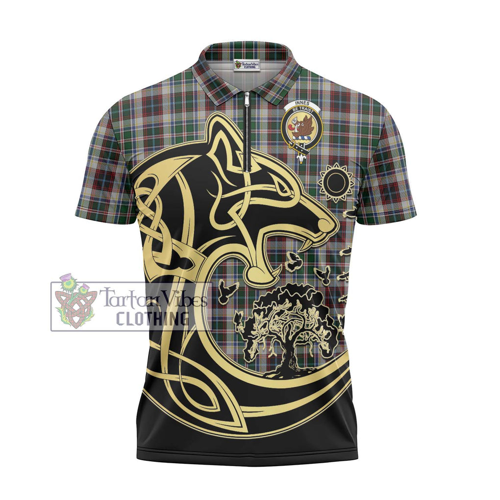 Innes Dress Tartan Zipper Polo Shirt with Family Crest Celtic Wolf Style - Tartanvibesclothing Shop