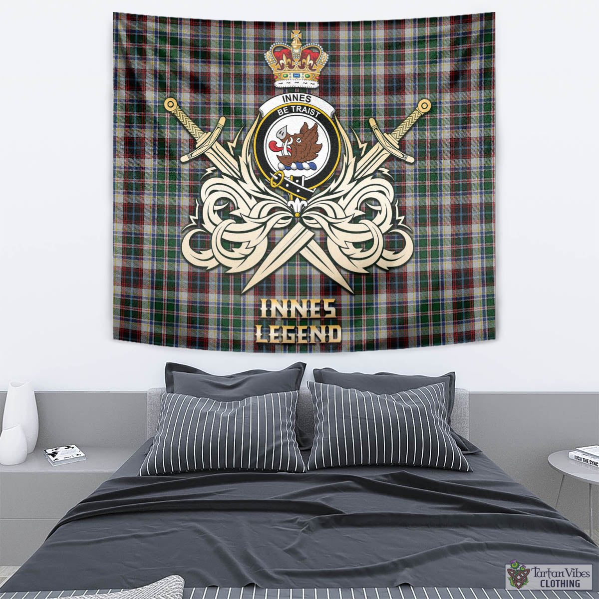 Tartan Vibes Clothing Innes Dress Tartan Tapestry with Clan Crest and the Golden Sword of Courageous Legacy