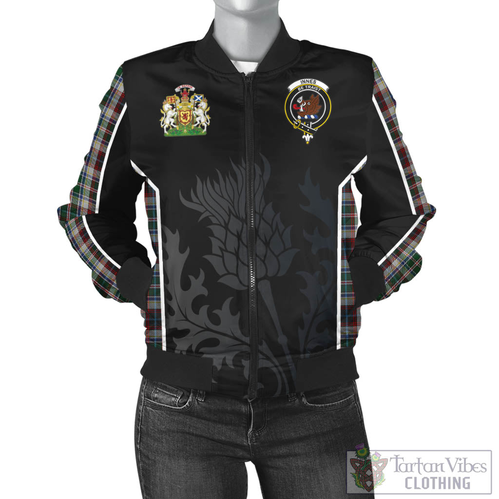 Tartan Vibes Clothing Innes Dress Tartan Bomber Jacket with Family Crest and Scottish Thistle Vibes Sport Style