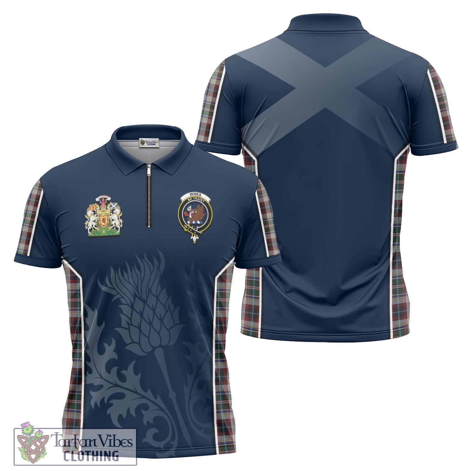 Tartan Vibes Clothing Innes Dress Tartan Zipper Polo Shirt with Family Crest and Scottish Thistle Vibes Sport Style