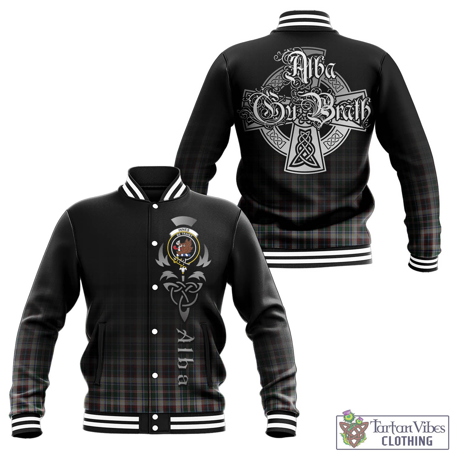 Tartan Vibes Clothing Innes Dress Tartan Baseball Jacket Featuring Alba Gu Brath Family Crest Celtic Inspired