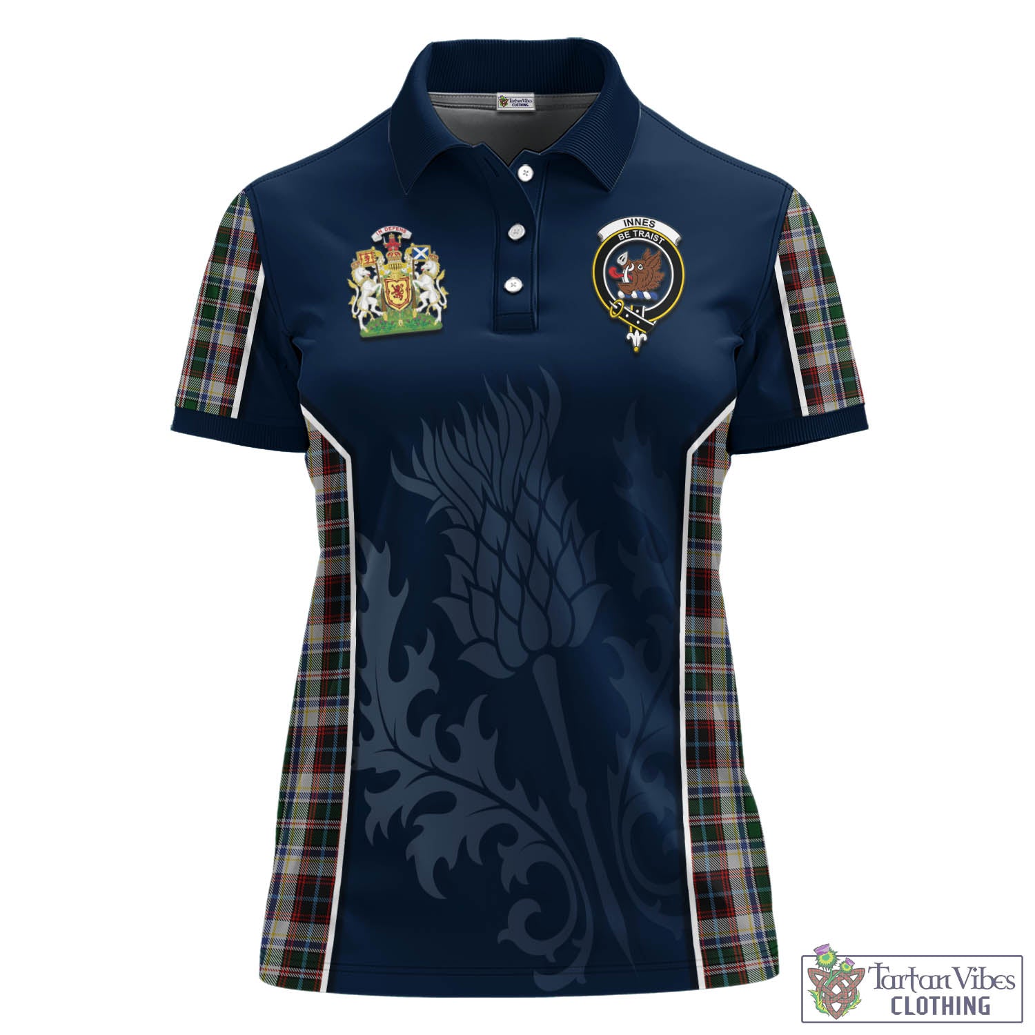 Tartan Vibes Clothing Innes Dress Tartan Women's Polo Shirt with Family Crest and Scottish Thistle Vibes Sport Style