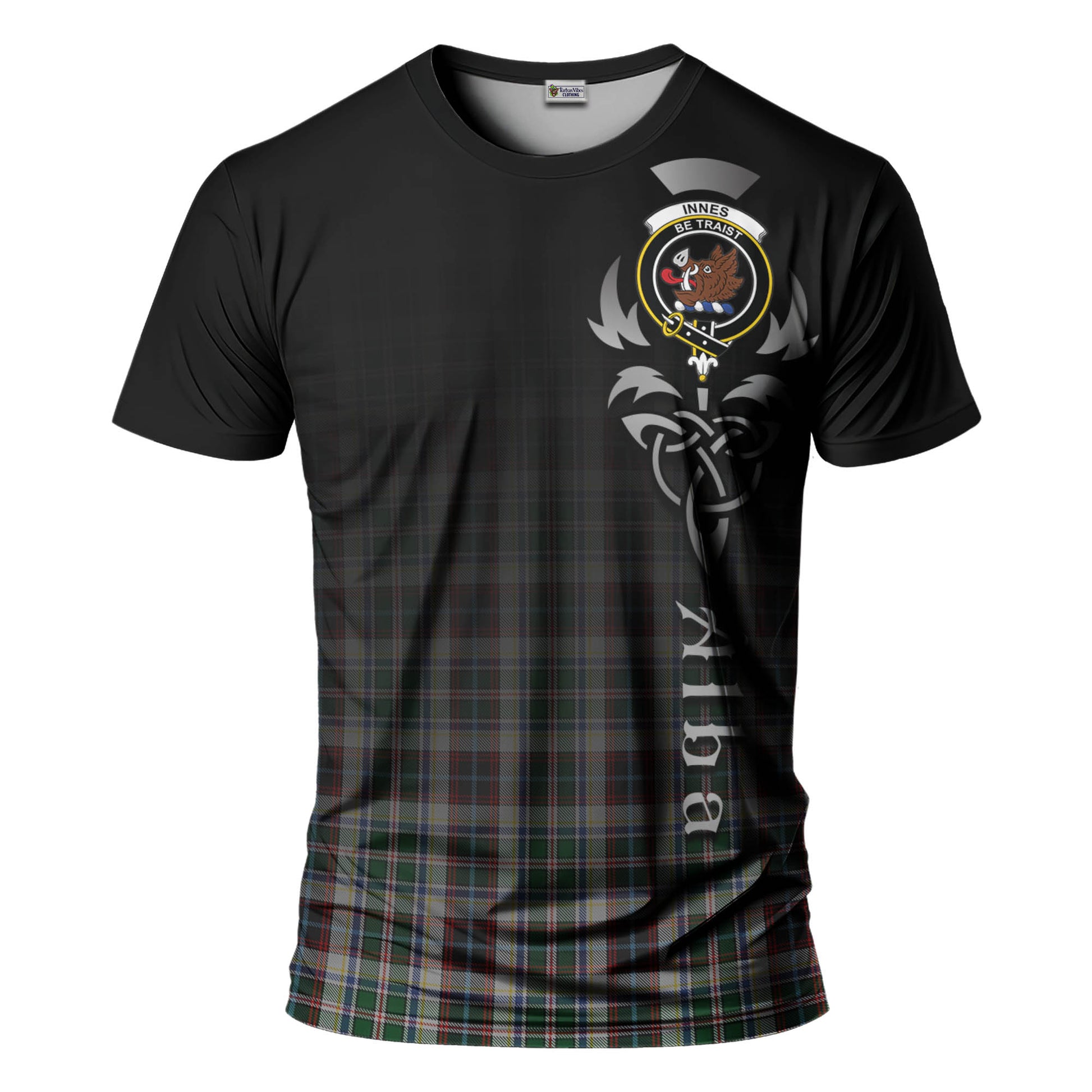 Tartan Vibes Clothing Innes Dress Tartan T-Shirt Featuring Alba Gu Brath Family Crest Celtic Inspired