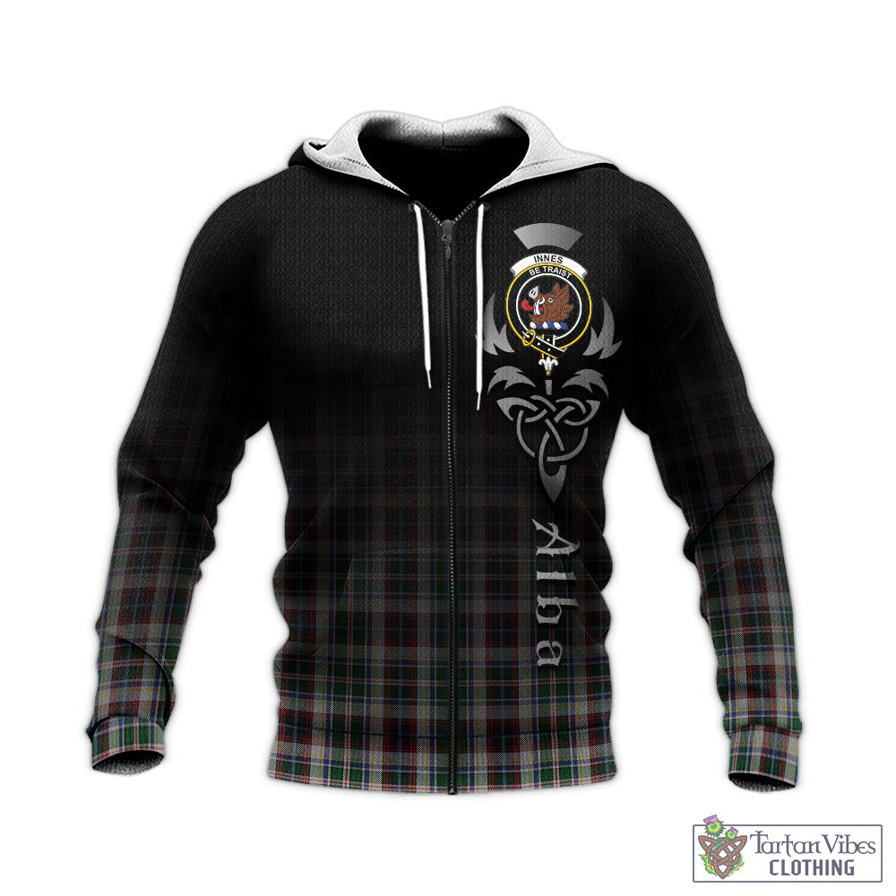 Tartan Vibes Clothing Innes Dress Tartan Knitted Hoodie Featuring Alba Gu Brath Family Crest Celtic Inspired