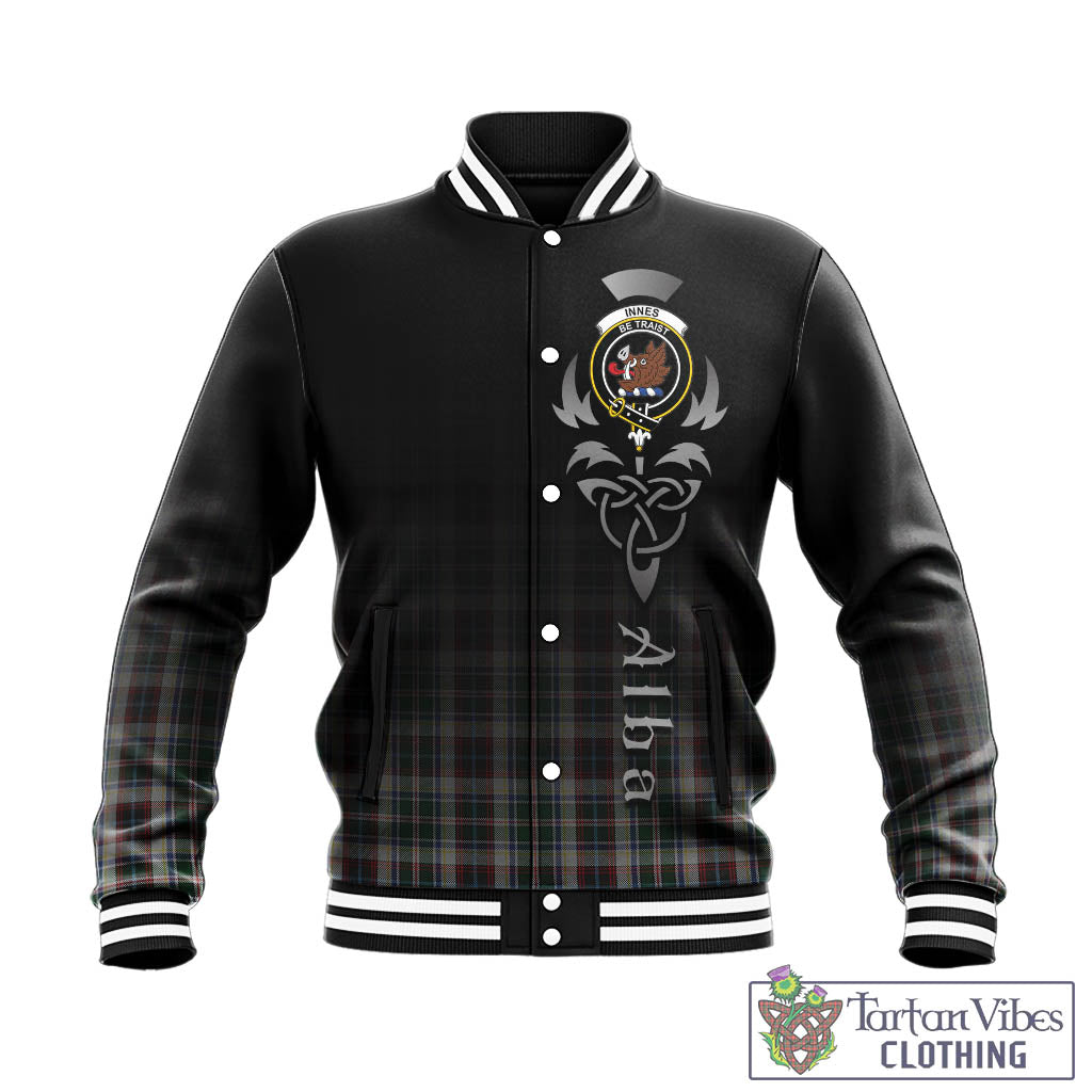 Tartan Vibes Clothing Innes Dress Tartan Baseball Jacket Featuring Alba Gu Brath Family Crest Celtic Inspired