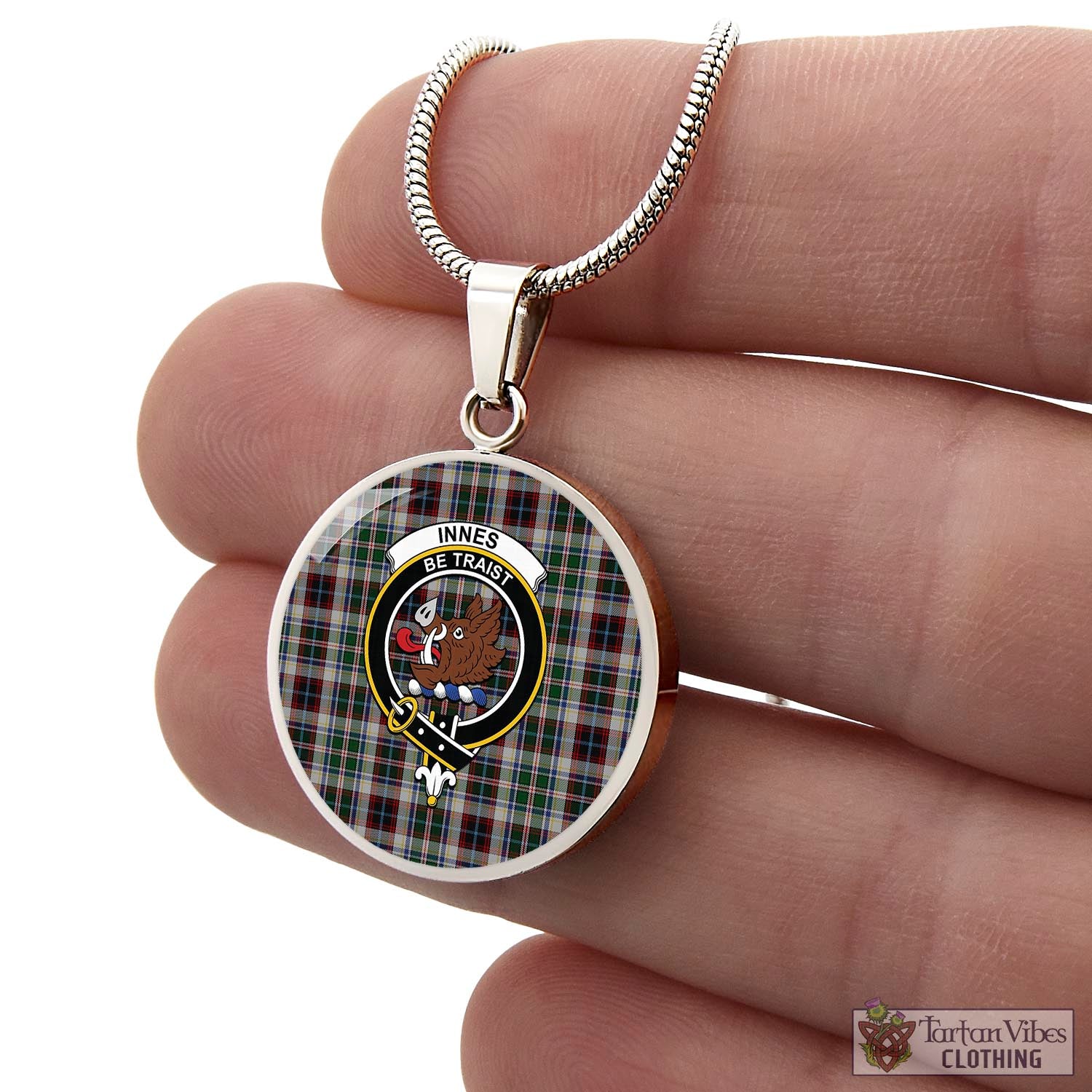 Tartan Vibes Clothing Innes Dress Tartan Circle Necklace with Family Crest