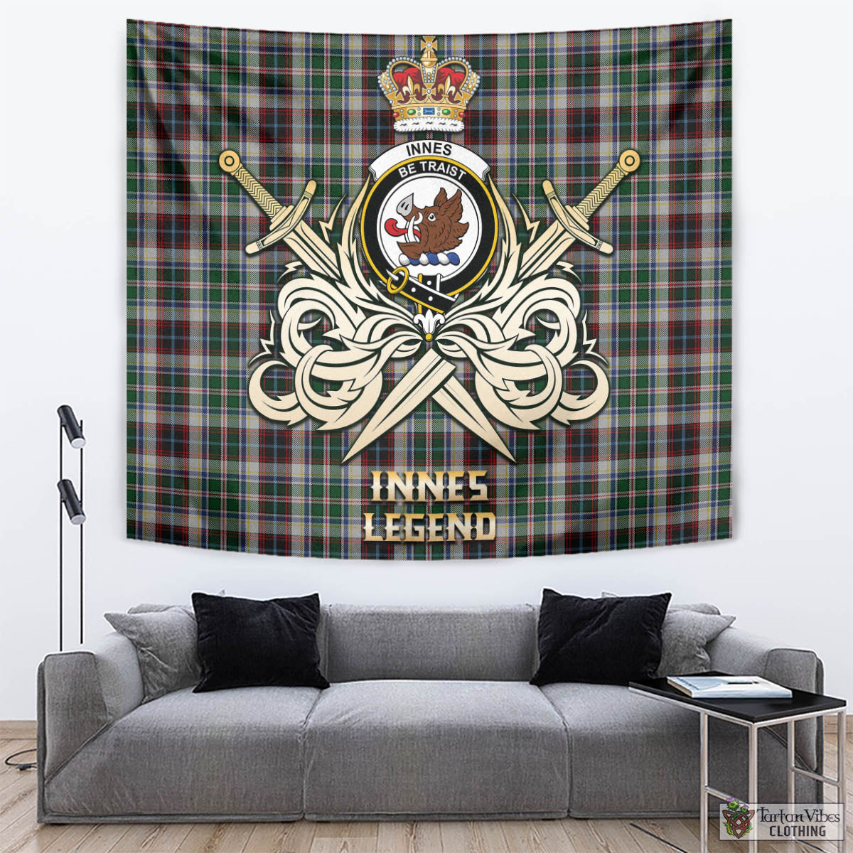 Tartan Vibes Clothing Innes Dress Tartan Tapestry with Clan Crest and the Golden Sword of Courageous Legacy