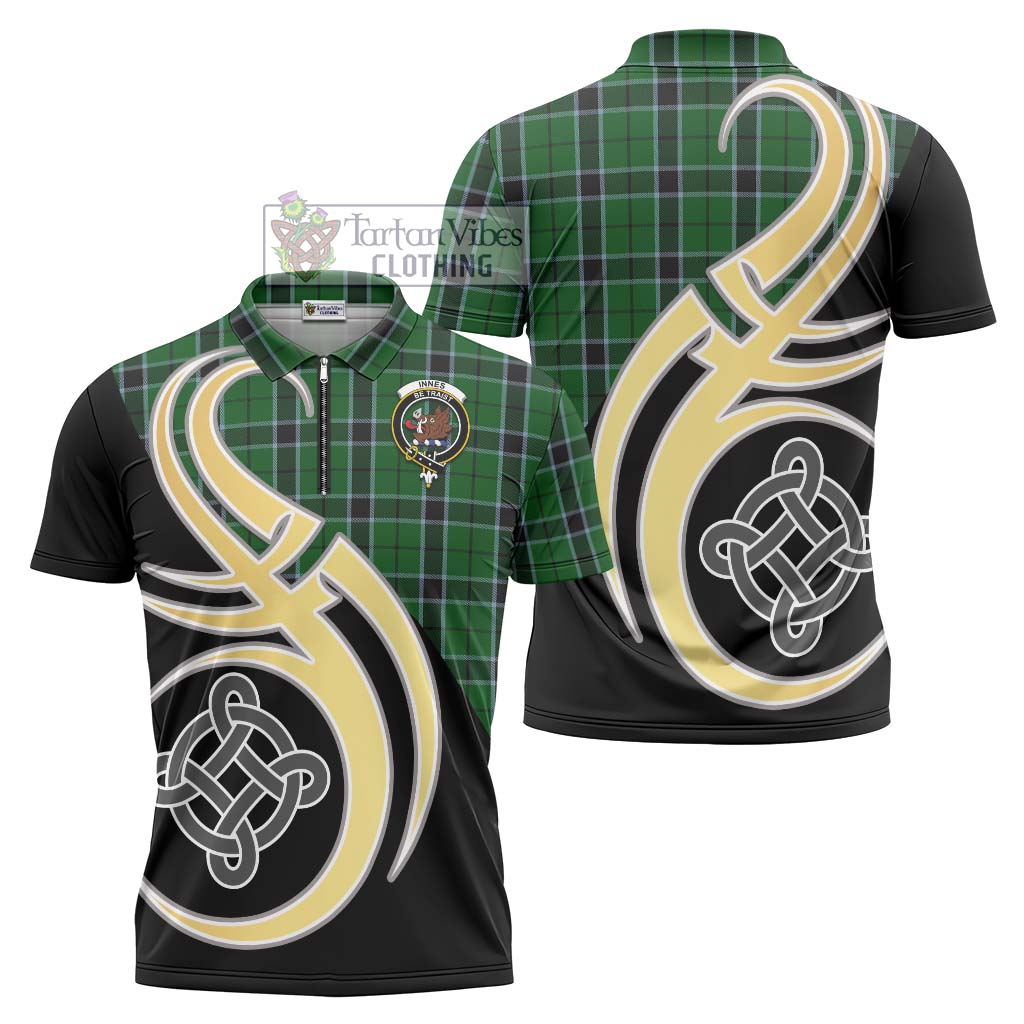 Tartan Vibes Clothing Innes Hunting Tartan Zipper Polo Shirt with Family Crest and Celtic Symbol Style