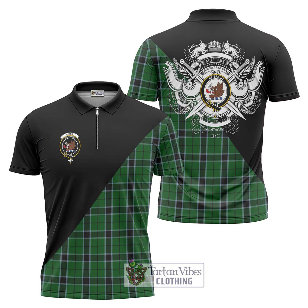 Innes Hunting Tartan Zipper Polo Shirt with Family Crest and Military Logo Style Unisex - Tartanvibesclothing Shop