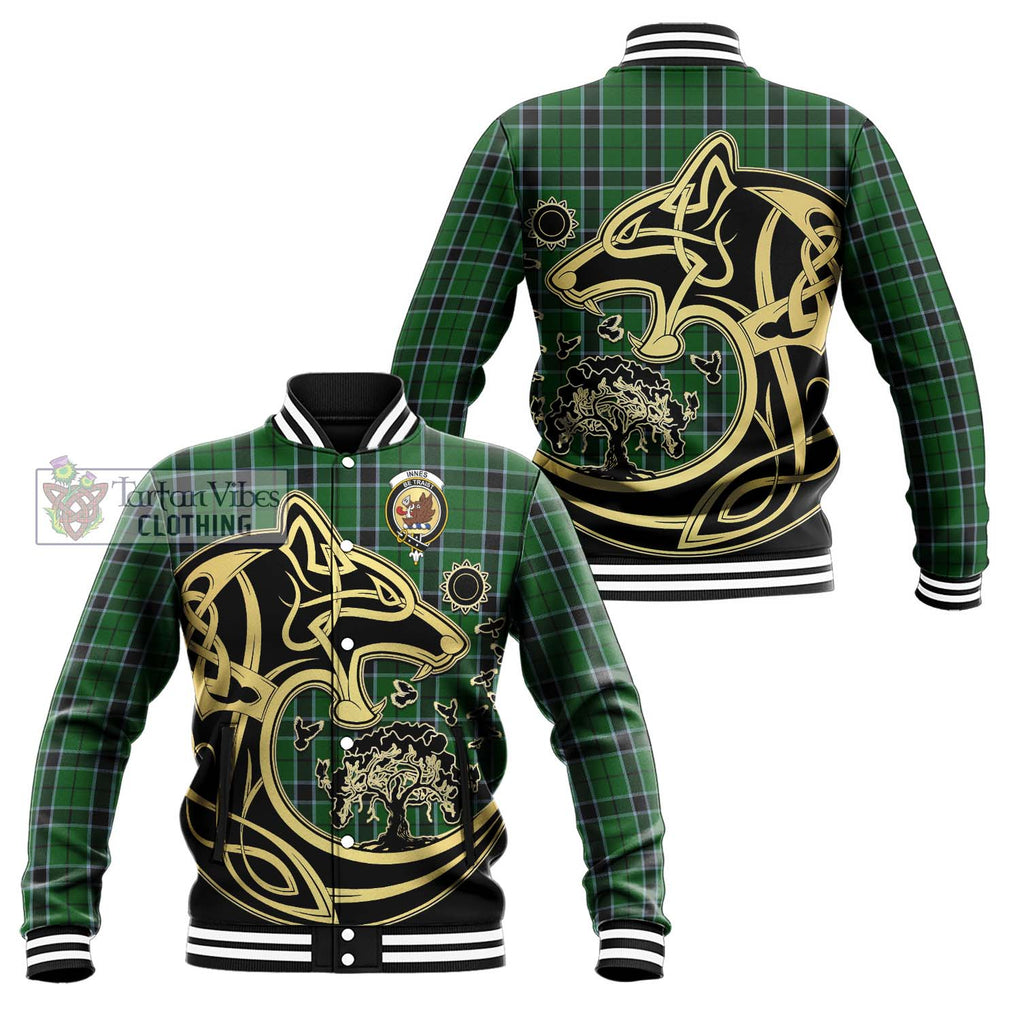 Innes Hunting Tartan Baseball Jacket with Family Crest Celtic Wolf Style Unisex - Tartan Vibes Clothing