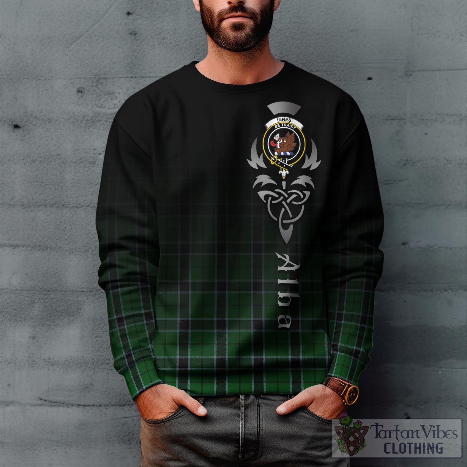 Tartan Vibes Clothing Innes Hunting Tartan Sweatshirt Featuring Alba Gu Brath Family Crest Celtic Inspired