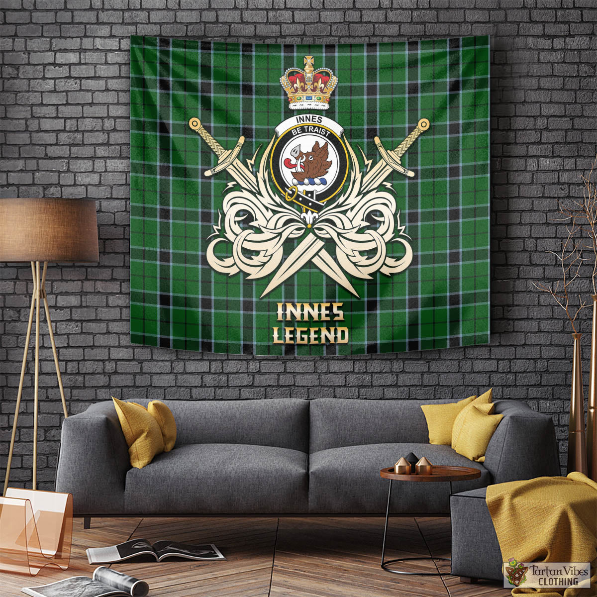 Tartan Vibes Clothing Innes Hunting Tartan Tapestry with Clan Crest and the Golden Sword of Courageous Legacy