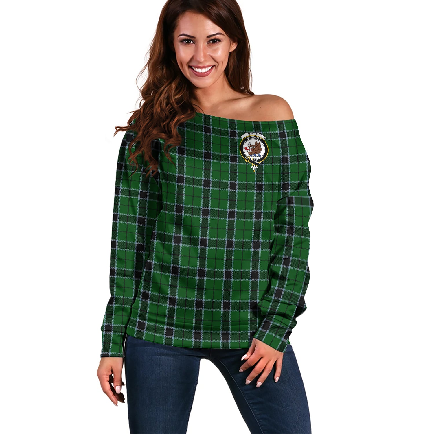 Innes Hunting Tartan Off Shoulder Women Sweater with Family Crest Women - Tartanvibesclothing