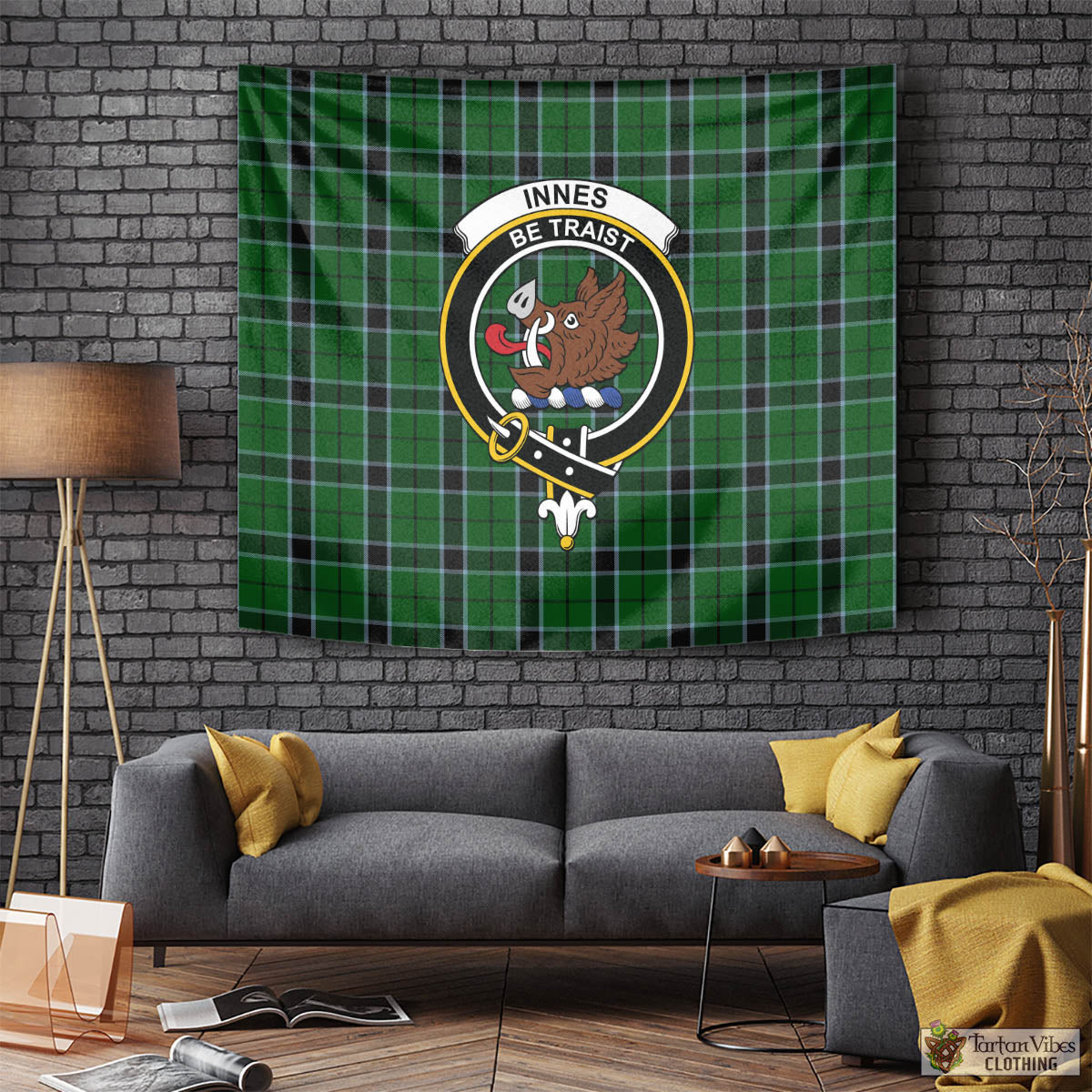 Tartan Vibes Clothing Innes Hunting Tartan Tapestry Wall Hanging and Home Decor for Room with Family Crest