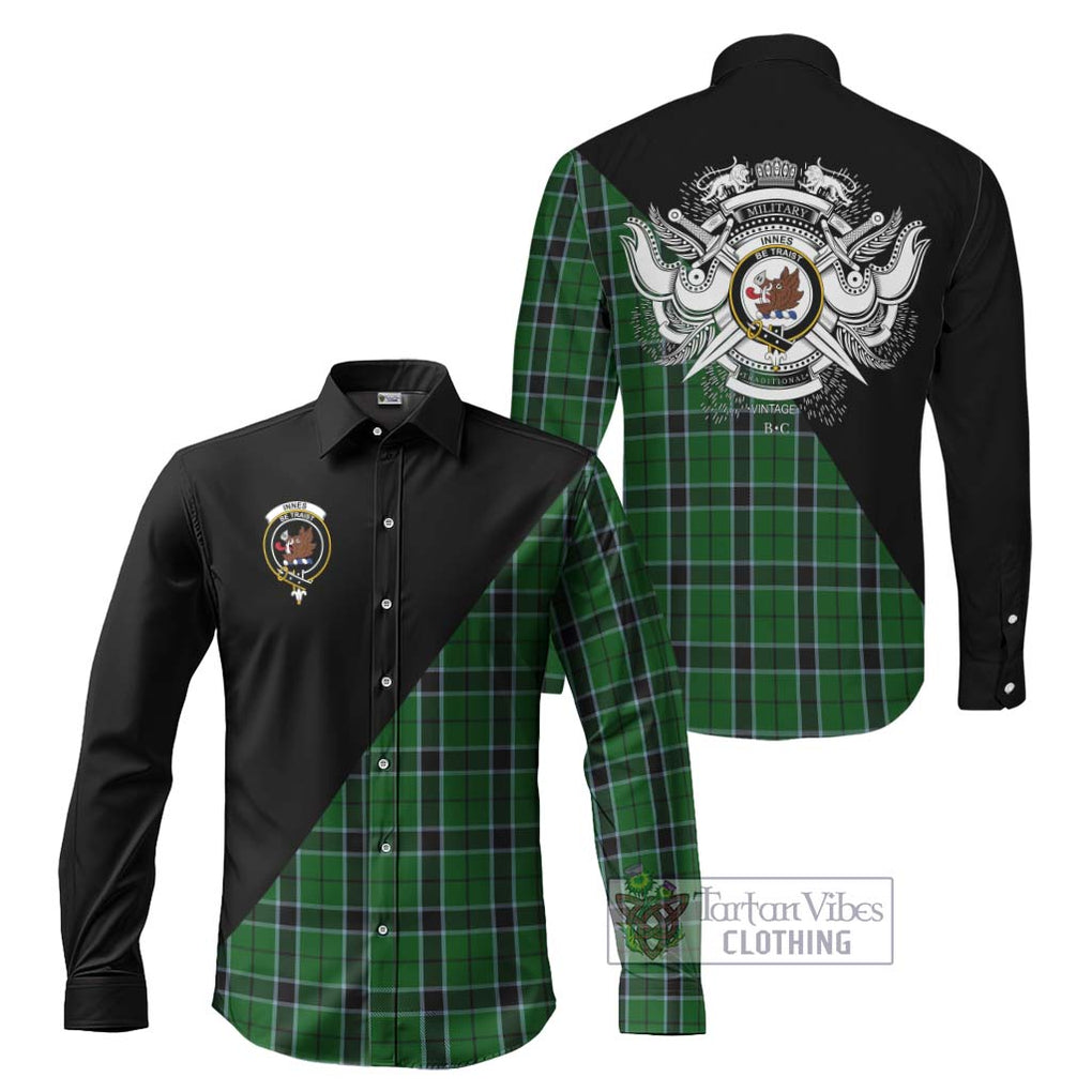 Innes Hunting Tartan Long Sleeve Button Shirt with Family Crest and Military Logo Style Men's Shirt S - Tartanvibesclothing Shop