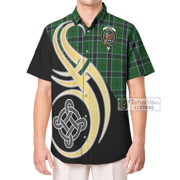 Innes Hunting Tartan Short Sleeve Button Shirt with Family Crest and Celtic Symbol Style