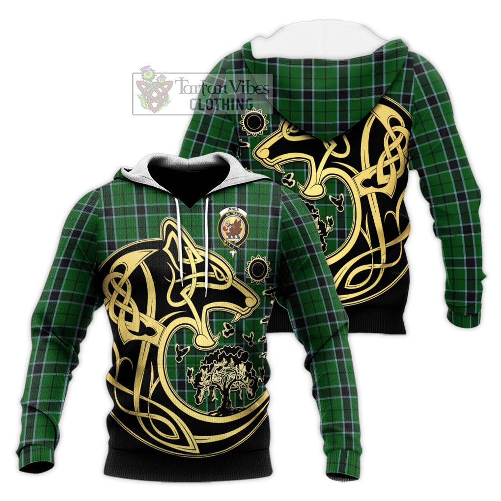 Innes Hunting Tartan Knitted Hoodie with Family Crest Celtic Wolf Style Unisex Knitted Pullover Hoodie - Tartan Vibes Clothing