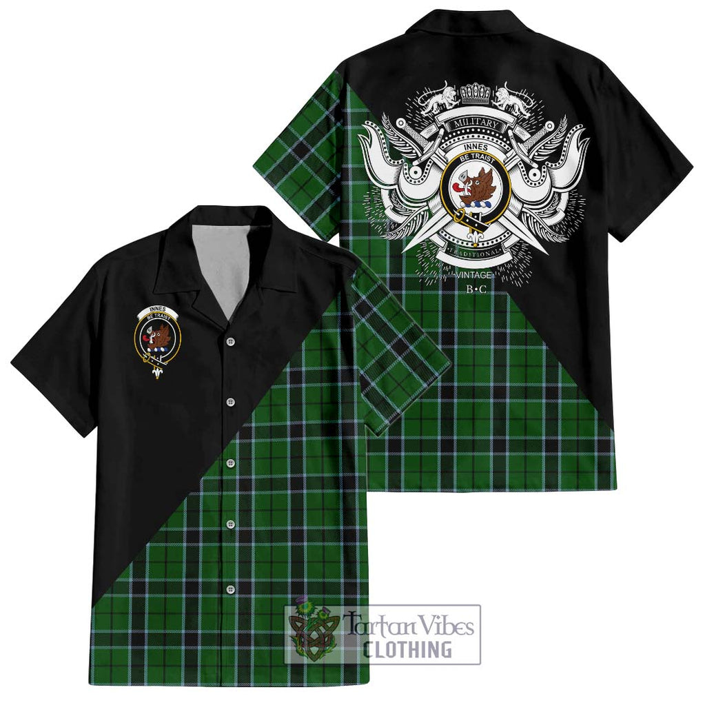 Innes Hunting Tartan Short Sleeve Button Shirt with Family Crest and Military Logo Style Kid - Tartanvibesclothing Shop