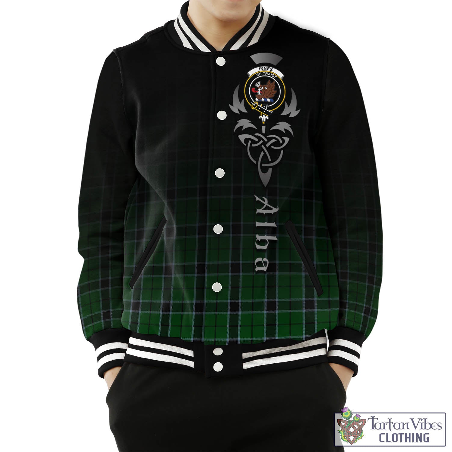 Tartan Vibes Clothing Innes Hunting Tartan Baseball Jacket Featuring Alba Gu Brath Family Crest Celtic Inspired