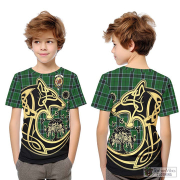 Innes Hunting Tartan Kid T-Shirt with Family Crest Celtic Wolf Style