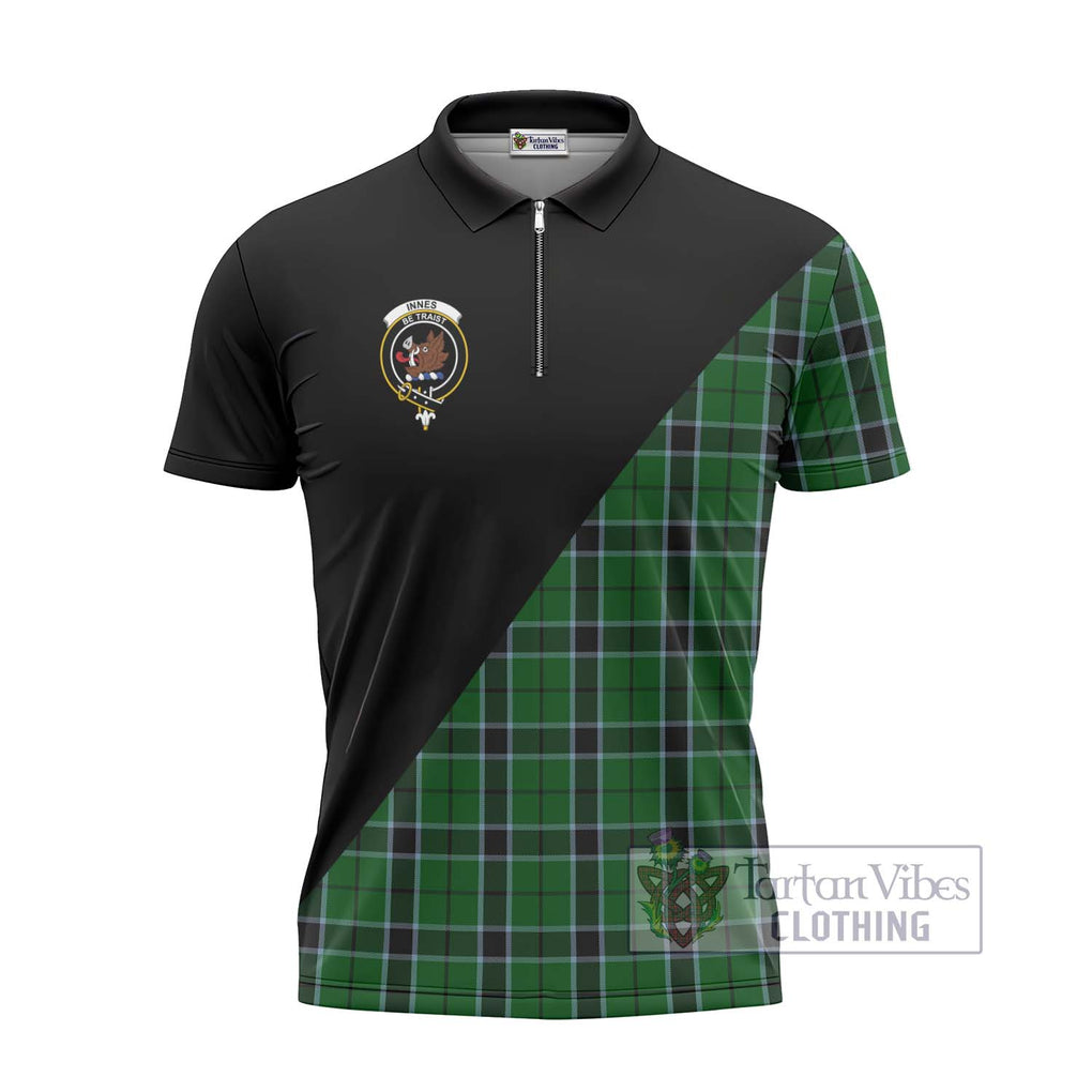 Innes Hunting Tartan Zipper Polo Shirt with Family Crest and Military Logo Style - Tartanvibesclothing Shop