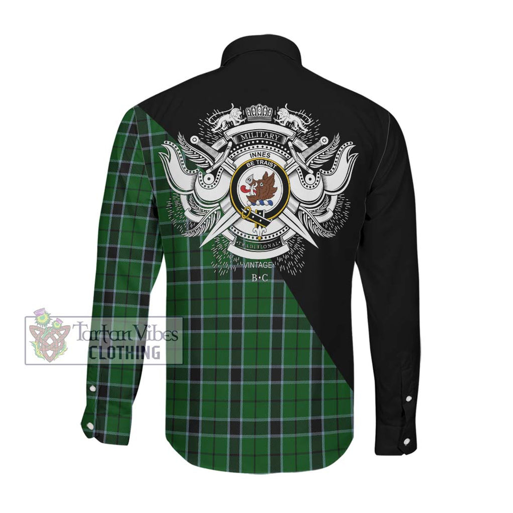 Innes Hunting Tartan Long Sleeve Button Shirt with Family Crest and Military Logo Style Men's Shirt - Tartanvibesclothing Shop