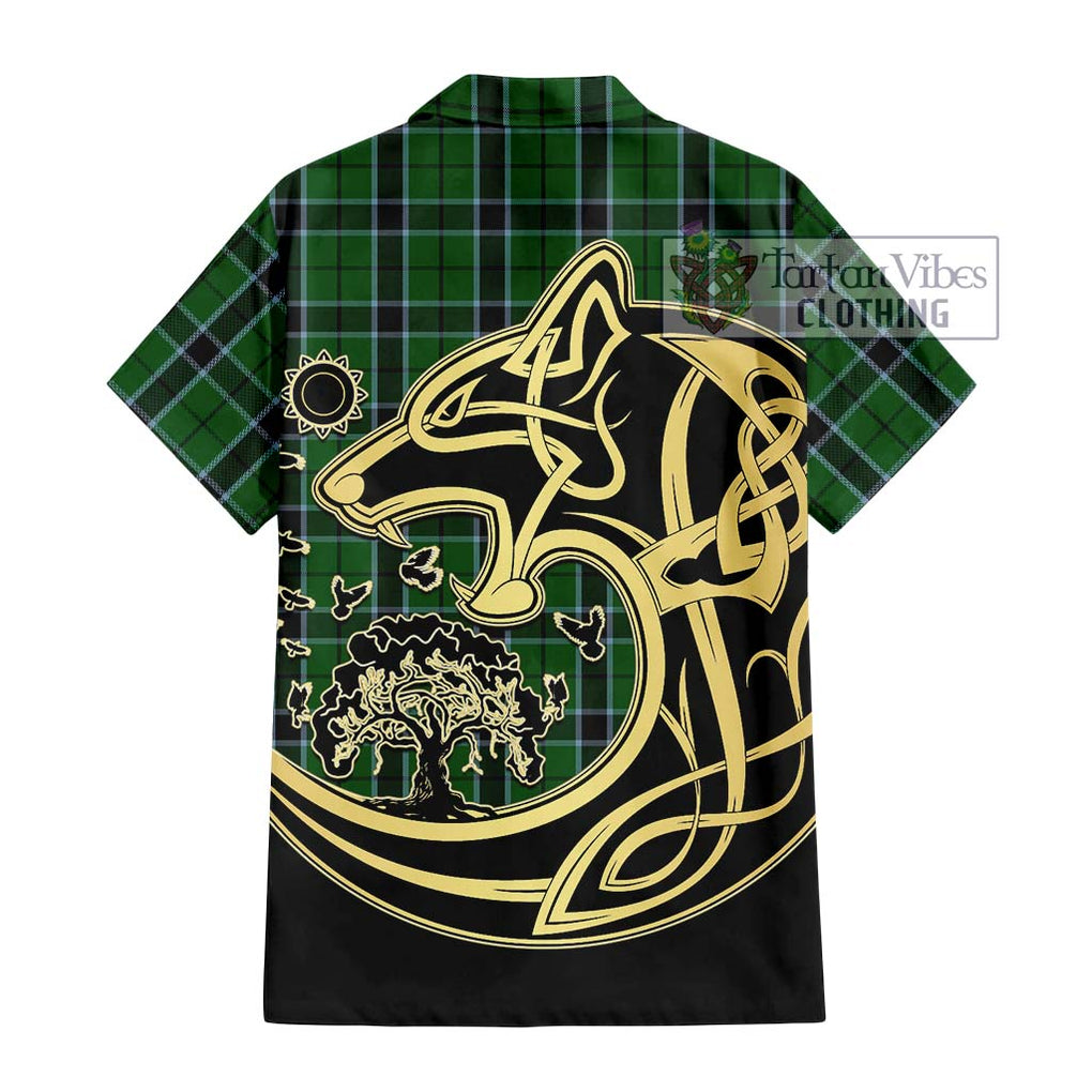 Innes Hunting Tartan Short Sleeve Button Shirt with Family Crest Celtic Wolf Style - Tartan Vibes Clothing