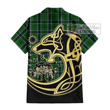 Innes Hunting Tartan Short Sleeve Button Shirt with Family Crest Celtic Wolf Style