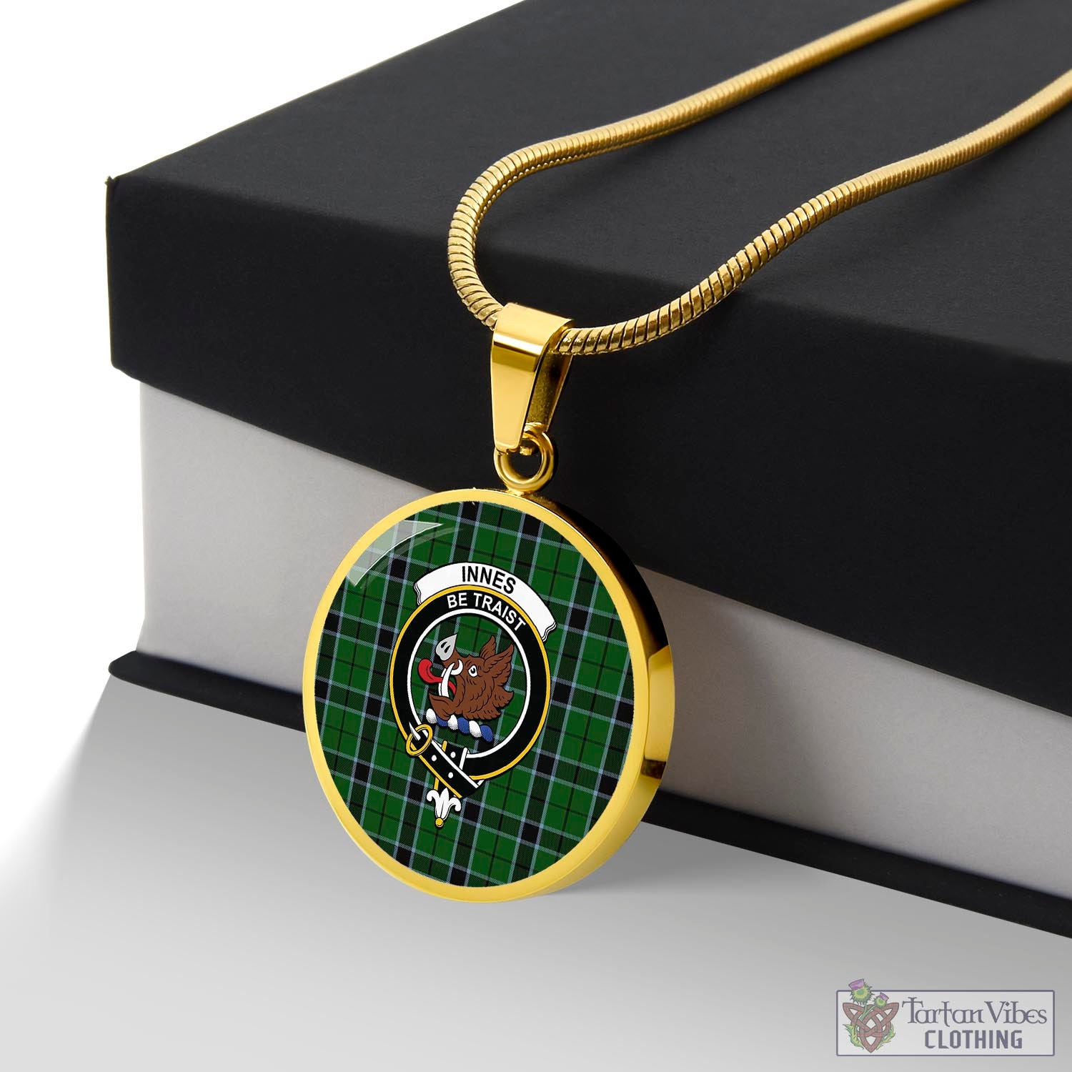 Tartan Vibes Clothing Innes Hunting Tartan Circle Necklace with Family Crest