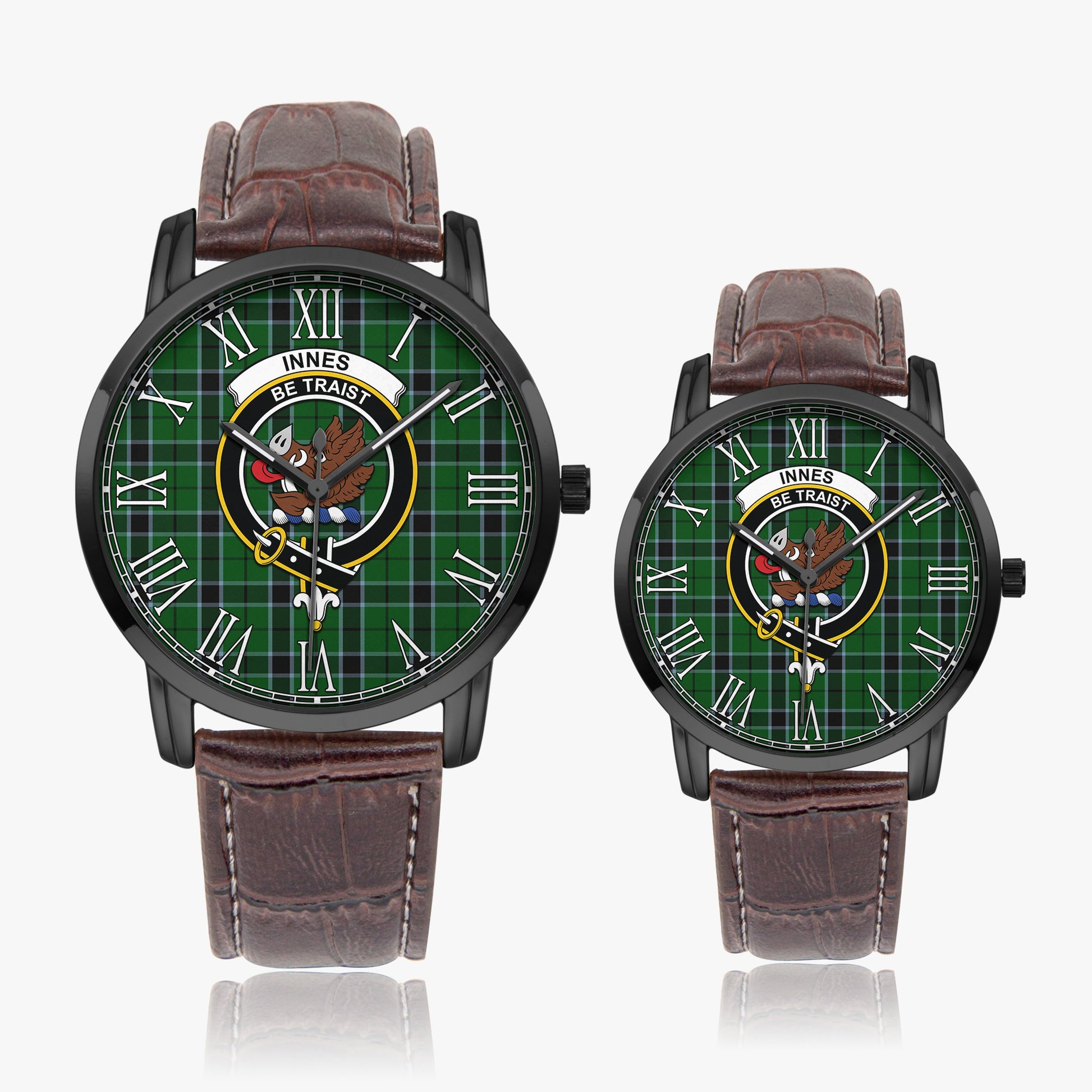 Innes Hunting Tartan Family Crest Leather Strap Quartz Watch - Tartanvibesclothing