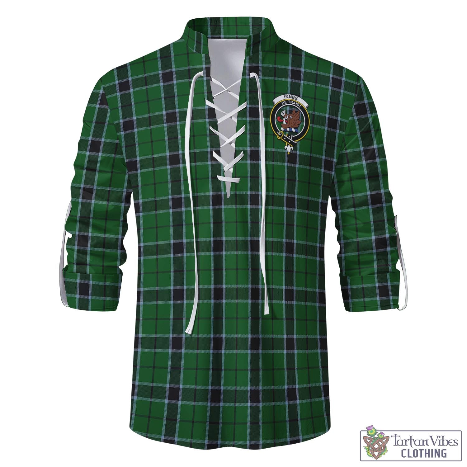 Tartan Vibes Clothing Innes Hunting Tartan Men's Scottish Traditional Jacobite Ghillie Kilt Shirt with Family Crest