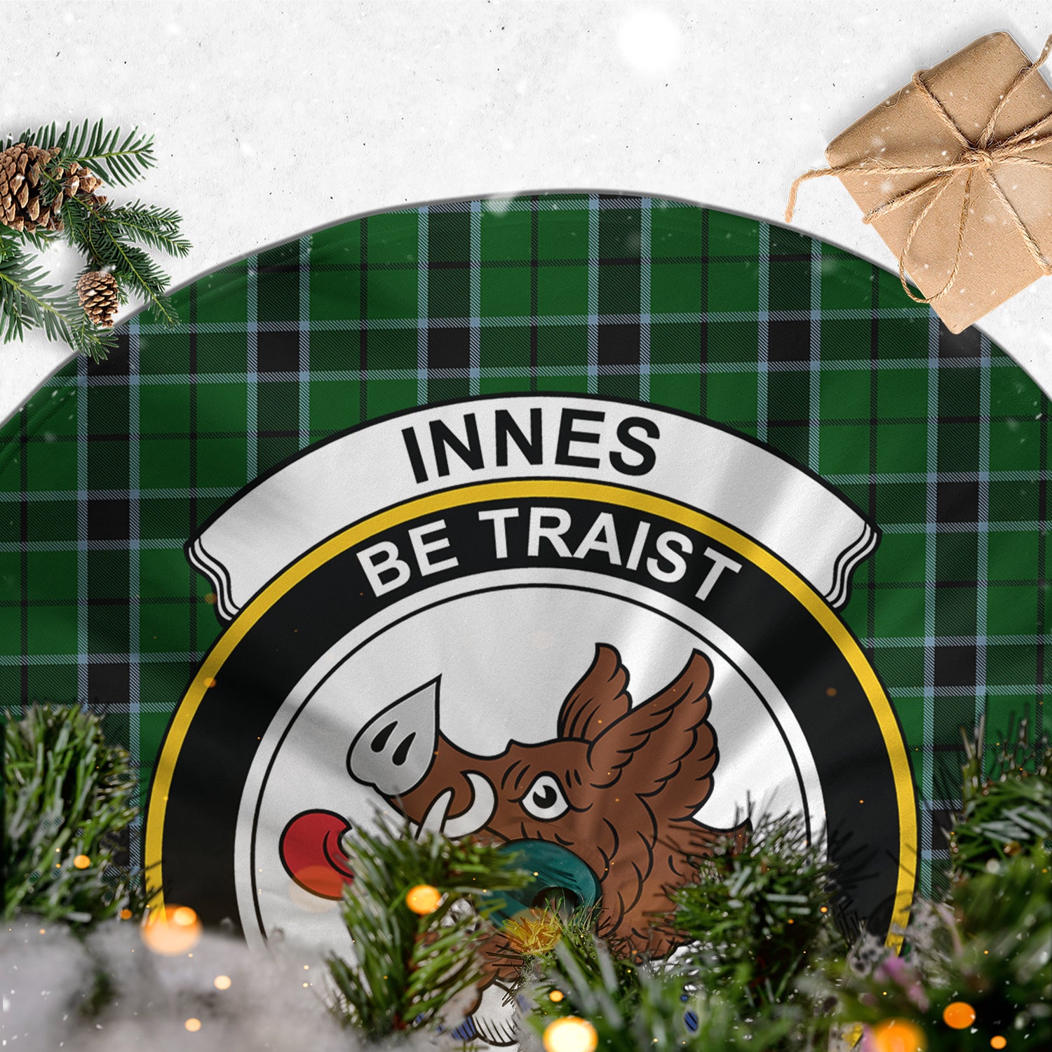 Innes Hunting Tartan Christmas Tree Skirt with Family Crest - Tartanvibesclothing