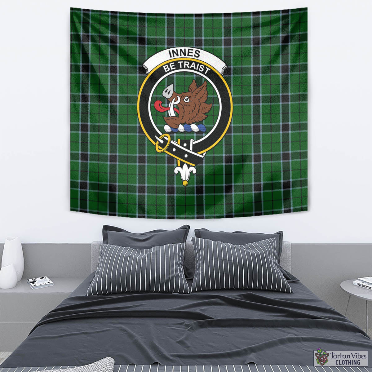 Tartan Vibes Clothing Innes Hunting Tartan Tapestry Wall Hanging and Home Decor for Room with Family Crest