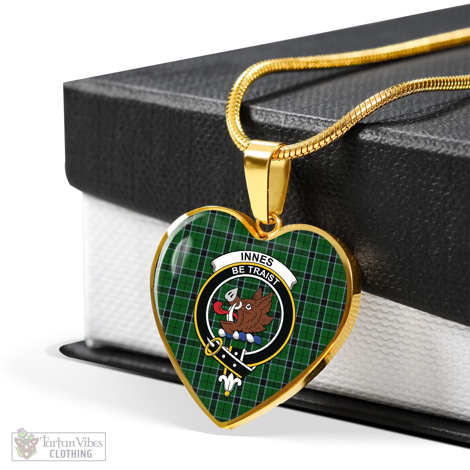 Tartan Vibes Clothing Innes Hunting Tartan Heart Necklace with Family Crest