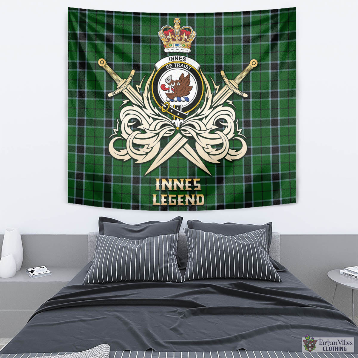 Tartan Vibes Clothing Innes Hunting Tartan Tapestry with Clan Crest and the Golden Sword of Courageous Legacy