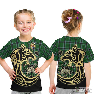 Innes Hunting Tartan Kid T-Shirt with Family Crest Celtic Wolf Style