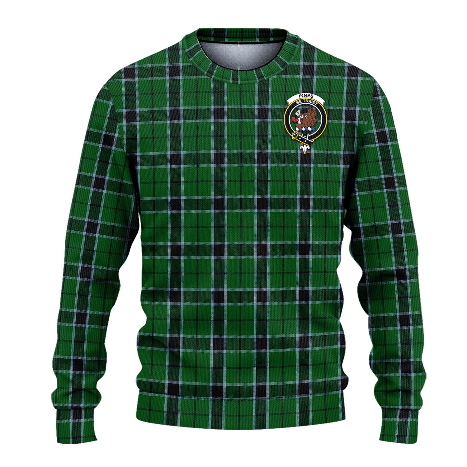 Innes Hunting Tartan Knitted Sweater with Family Crest - Tartanvibesclothing