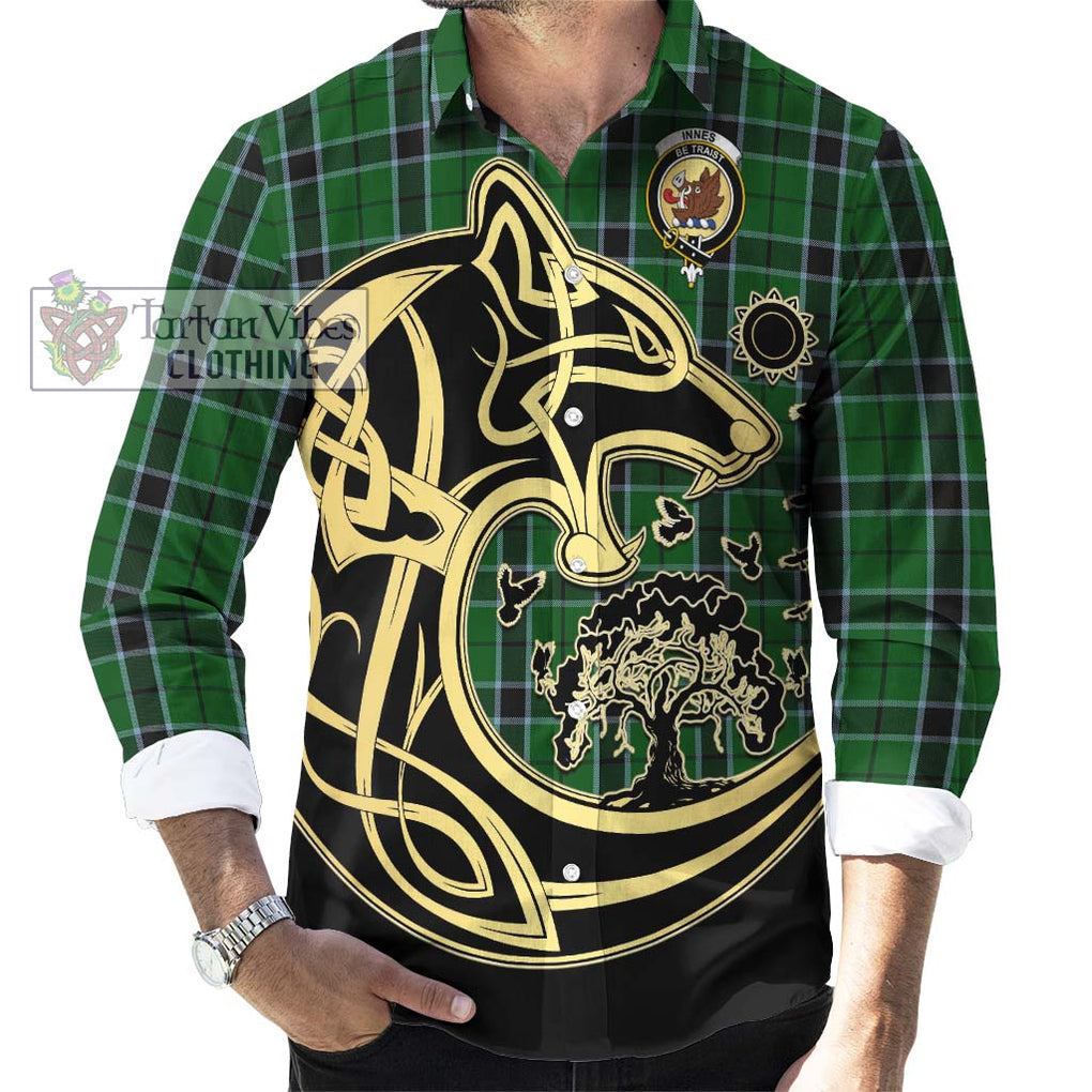 Innes Hunting Tartan Long Sleeve Button Shirt with Family Crest Celtic Wolf Style - Tartan Vibes Clothing