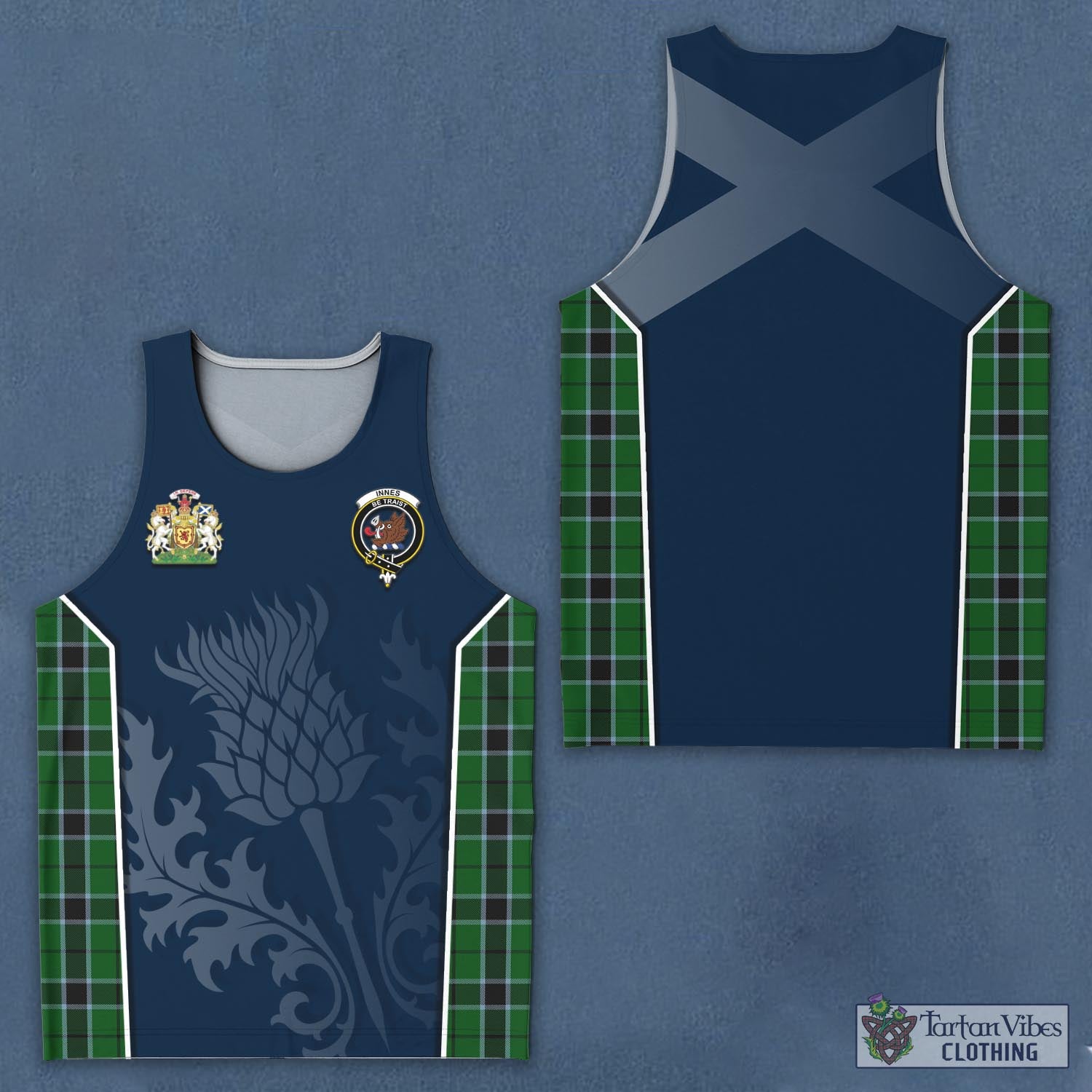 Tartan Vibes Clothing Innes Hunting Tartan Men's Tanks Top with Family Crest and Scottish Thistle Vibes Sport Style