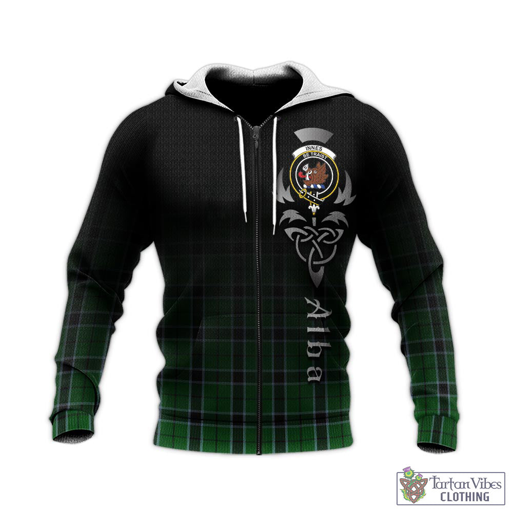 Tartan Vibes Clothing Innes Hunting Tartan Knitted Hoodie Featuring Alba Gu Brath Family Crest Celtic Inspired