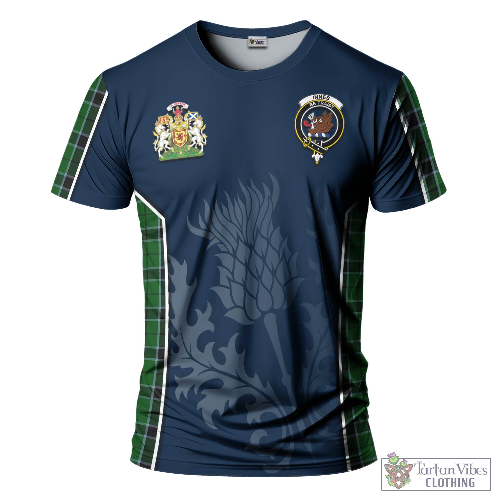 Tartan Vibes Clothing Innes Hunting Tartan T-Shirt with Family Crest and Scottish Thistle Vibes Sport Style