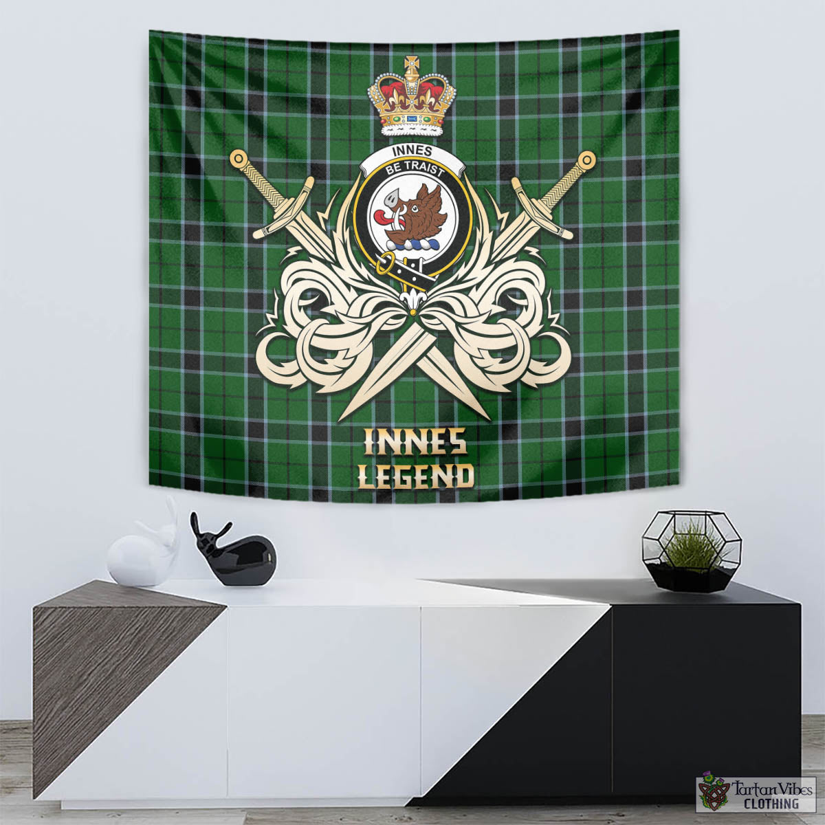 Tartan Vibes Clothing Innes Hunting Tartan Tapestry with Clan Crest and the Golden Sword of Courageous Legacy