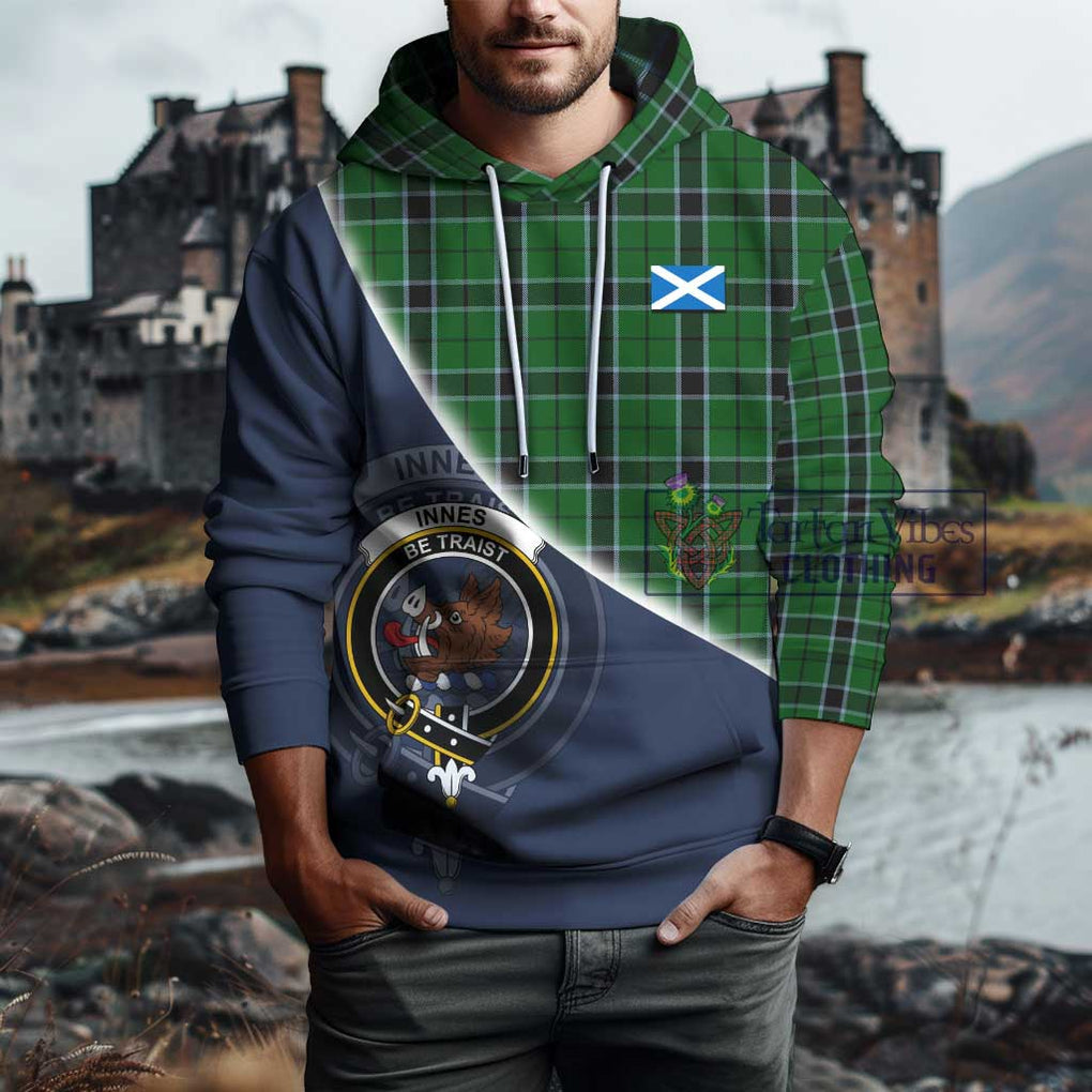 Innes Hunting Tartan Hoodie with Personalised National Flag and Family Crest Half Style - Tartanvibesclothing Shop