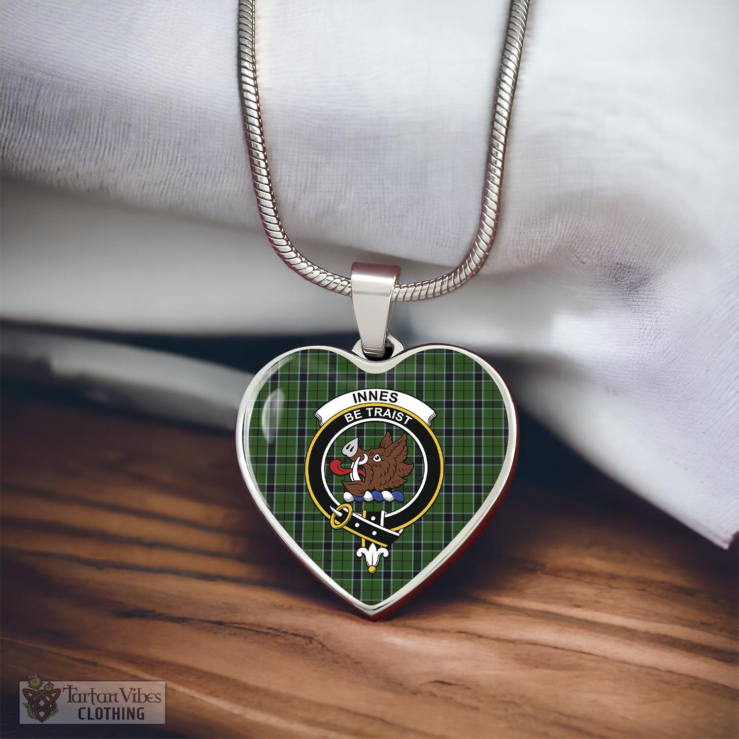 Tartan Vibes Clothing Innes Hunting Tartan Heart Necklace with Family Crest