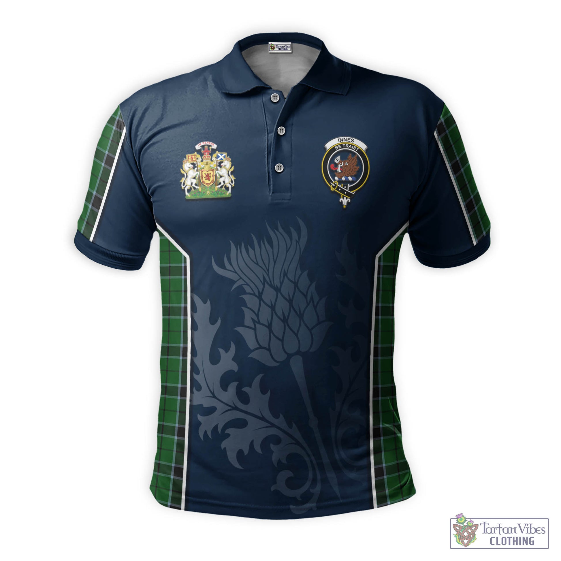 Tartan Vibes Clothing Innes Hunting Tartan Men's Polo Shirt with Family Crest and Scottish Thistle Vibes Sport Style