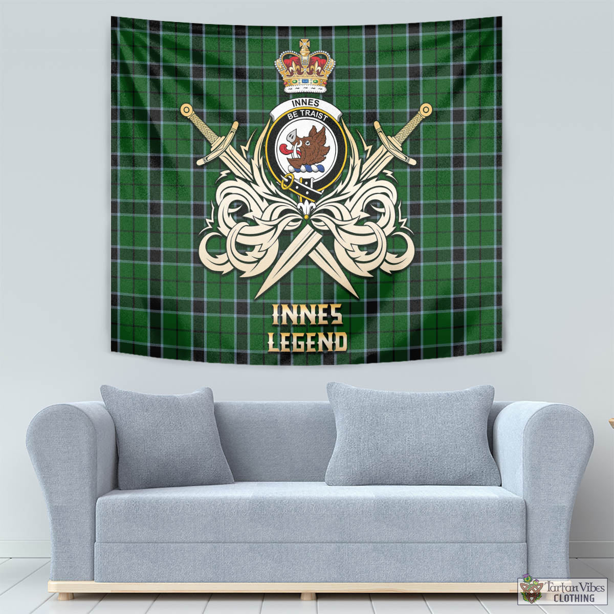 Tartan Vibes Clothing Innes Hunting Tartan Tapestry with Clan Crest and the Golden Sword of Courageous Legacy